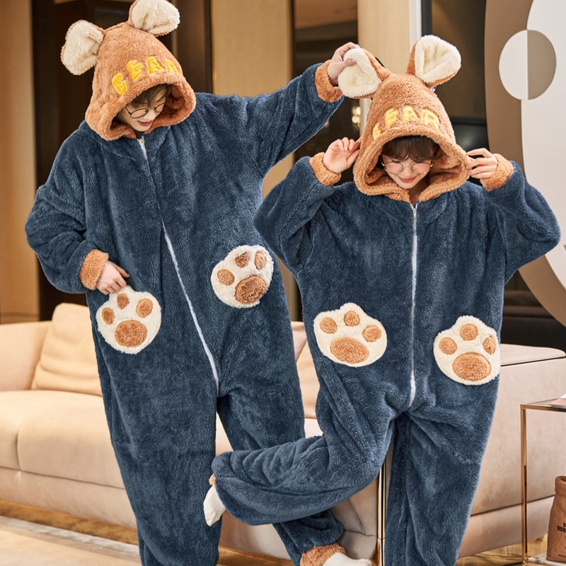 Kigurumis Bear Winter Adult Couples Onesie Sleepwear Women Men Cartoon Pyjama Pour Loungewear Jumpsuits Zipper Pijama