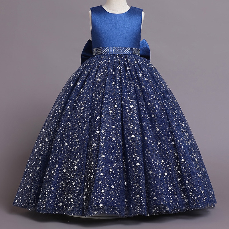 Girls Long Length Dark Blue Party Evening Dress Child Sequins Back Bow Sweet Mesh Frocks Sleeveless Tulle Princess Ball Gowns