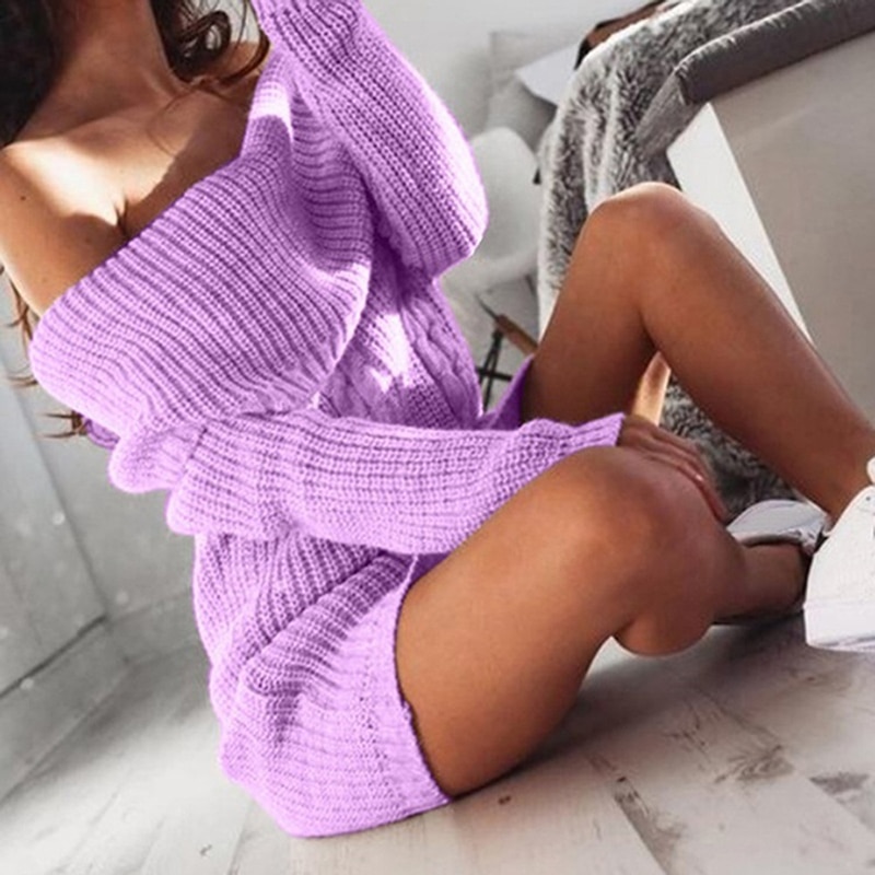 Off Shoulder Women Sweater Knitted Slash Neck Long Sleeve Sweater Autumn Winter Loose Casual Solid Tunic Sweater