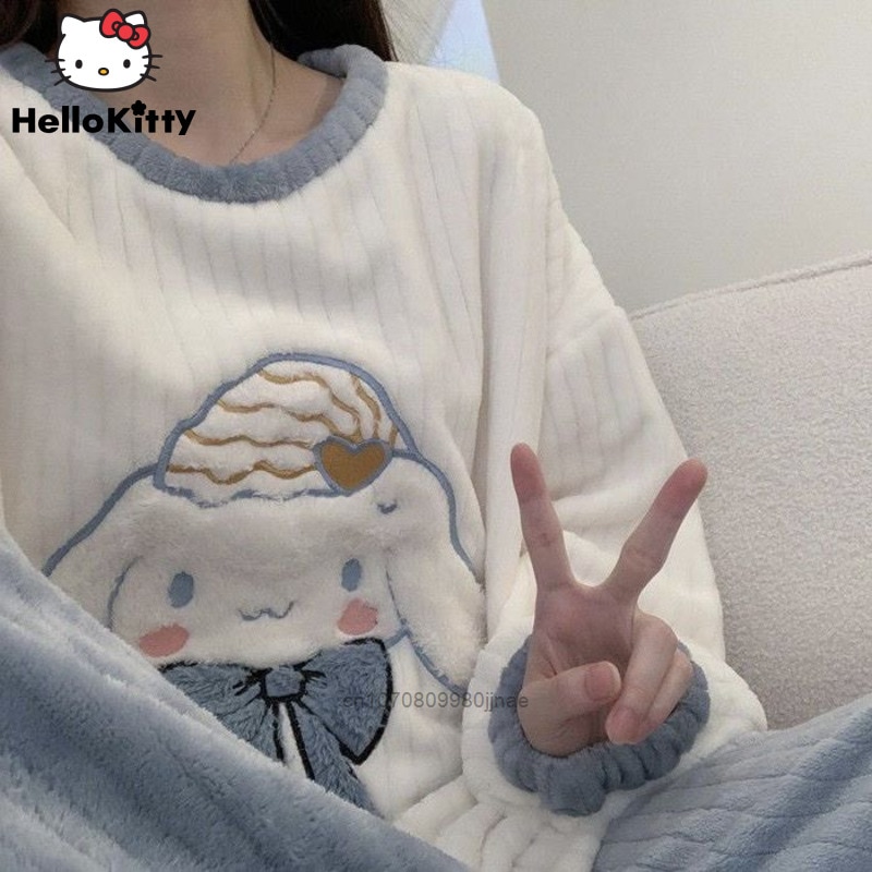 Winter Plush Pyjamas Set Women Warm Thicked Clothes Suits New Fashion Cinnamoroll Cartoon Kawaii Nightgown Female Sanrio Pajamas