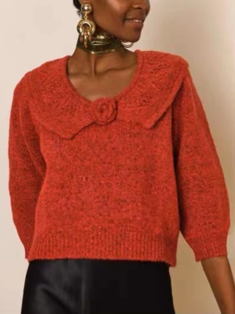 Women's Rose Turn-Down Collar Wool Blend Knit Sweater 2023 Early Spring New Ladies Half Sleeve Metal Wire Short Pullover To