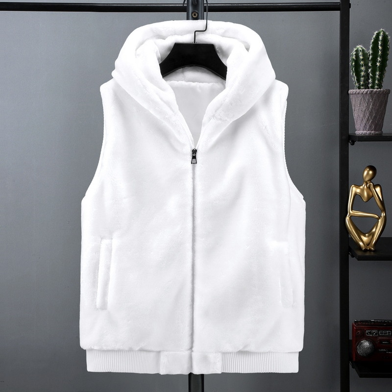 2023 New Sleeveless Jacket Men Hooded Warm Thermal Witnter Faux Fur Vest Male Plush Flannel Coat Fluffy Fleece Waistcoat Autumn
