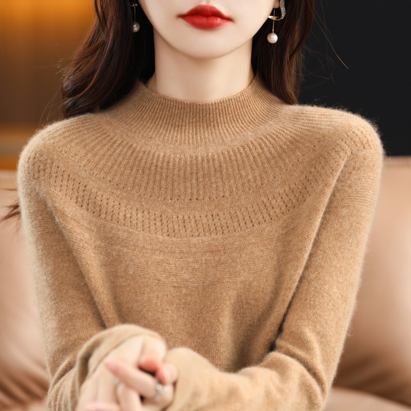 New autumn and winter 100% wool single-line ready-to-wear hollow women's pullover O-neck cashmere sweater knitted solid col