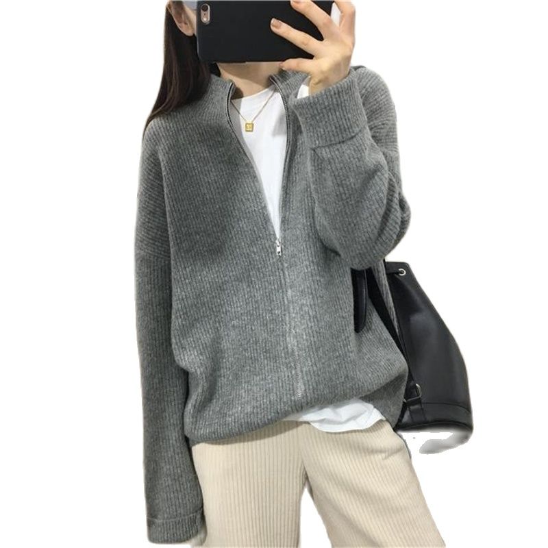 2022 Korean Version Of Zipper Solid Color 100% Wool Feel KnittedCardigan Women's Autumn NewLazy Casual LooseCoat