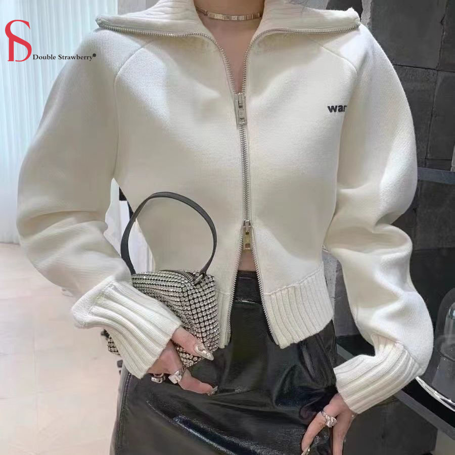 Sweater Women Aw Wang Winter New Logo Letter Print Simple Double Zipper Short Polo Candigan Coats