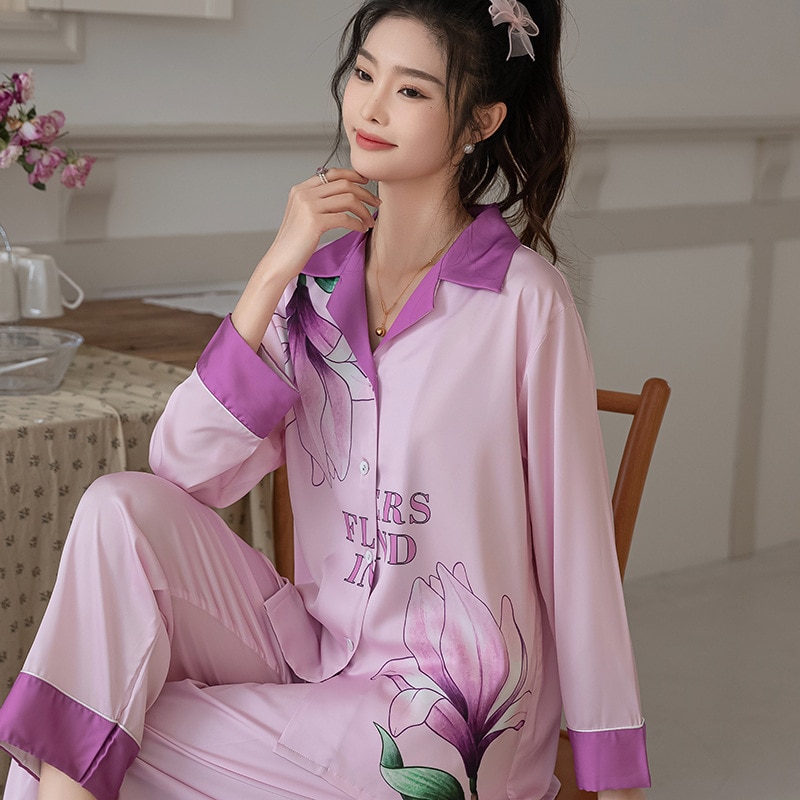 Women Pajamas Two Piece Set Purple Sleepwear Suit Satin Silk Loungewear Long Sleeve Shirt&pant Pjs Lady Casual Home Clothes