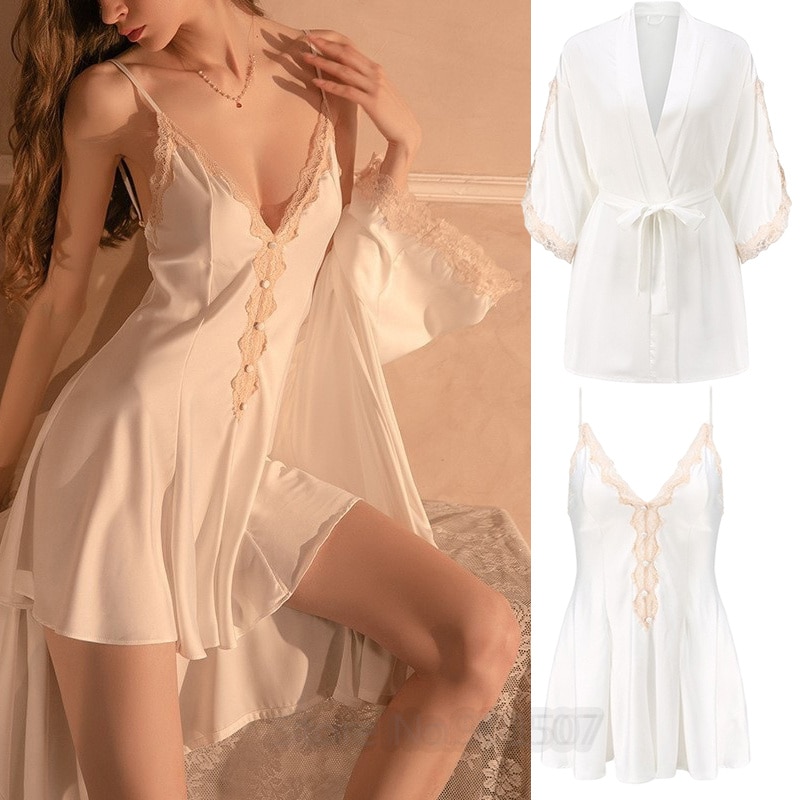 2Pcs Robes Set Strap Nightgown Lace Sexy Sleepwear Women Lingerie V-Neck Lounge Wear Lady Robe Gown Set Mujer Kimono Bathrobe
