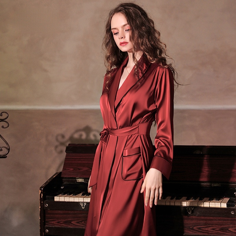 New Luxury Satin Robe Women Sexy Robe Deep V Mid Length Long Sleeve Lace-up Bathrobe Home Dress Red Bridal Robe Autumn/Winter
