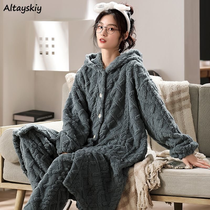 Robe Sets Women Winter Thicken Hooded Fashion Simple Homewear Mid-calf Long Sleeve All-match Warm Loose Leisure College Comfort