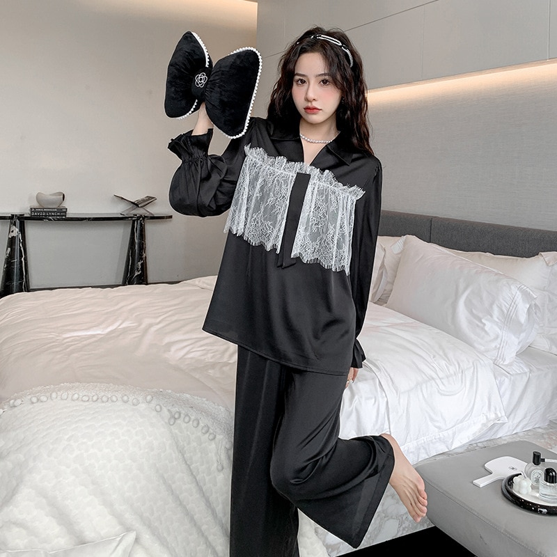 Long Sleeves Shirt Pant Pajamas Sets Sleepwear Nightwear Ice Silk Lapel Women Loungewear 2Pcs Sleep Suit Loose Home Clothing