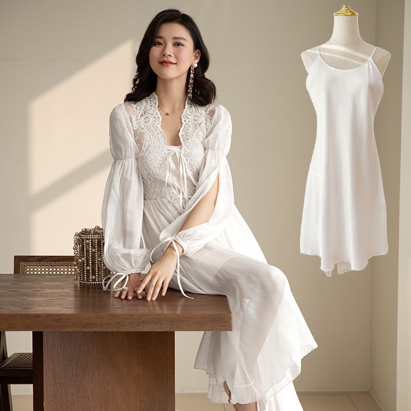 Elegant Lace Bride Wedding Robe Set Retro French Palace Style Sleepwear Suspender Nightgown Sexy Mesh Perspective Home Wear