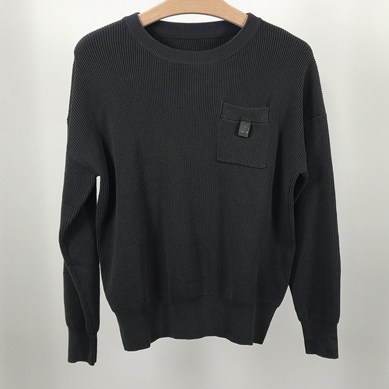 Ladies Beaded Pocket Decor O-Neck Knit Pullover Autumn Winter Simple All-Match Ladies Solid Color Loose Long-Sleeved Sweater