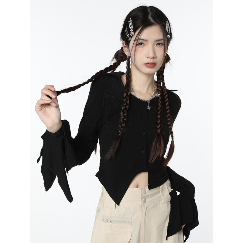 Women's Clothes Black Cardigan Sweater Short Irregular Outerwear Fashion Vintage Leisure Winter Knitting Single Breasting C