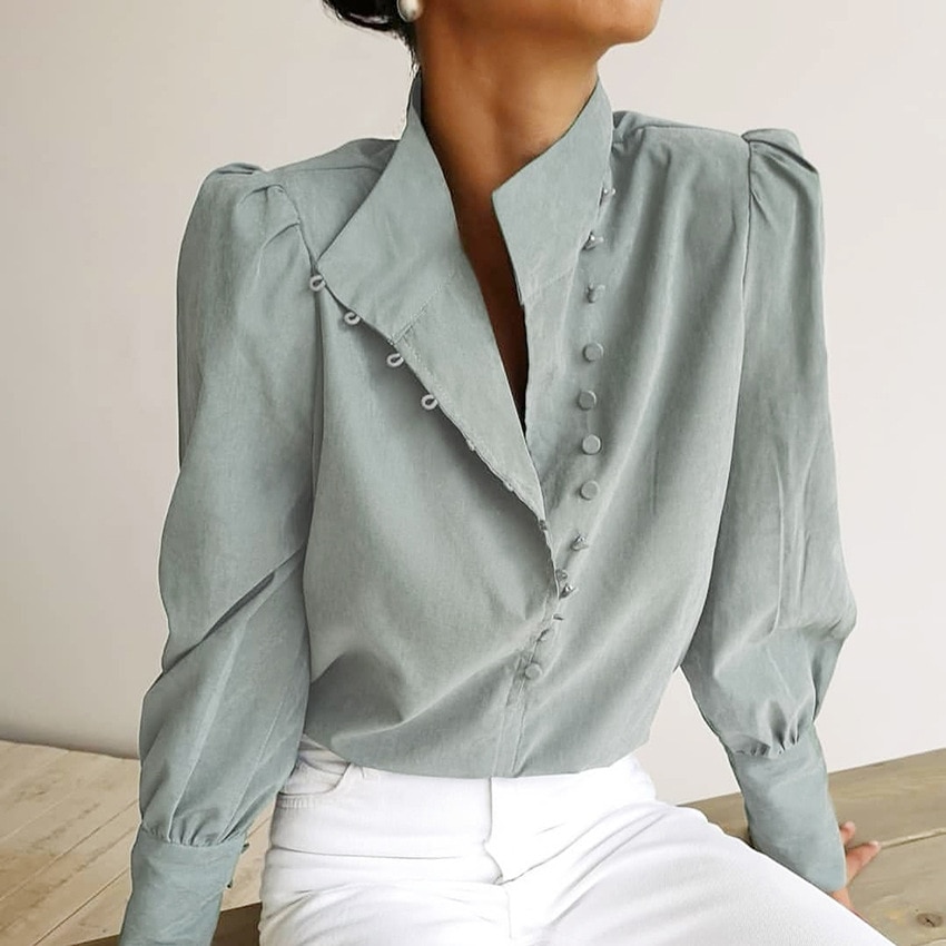 2023 Elegant Turtleneck Blouse Long Sleeve White Shirts Office Tops Women Single-Breasted Puff Sleeve Fashion Woman Blouses 2022