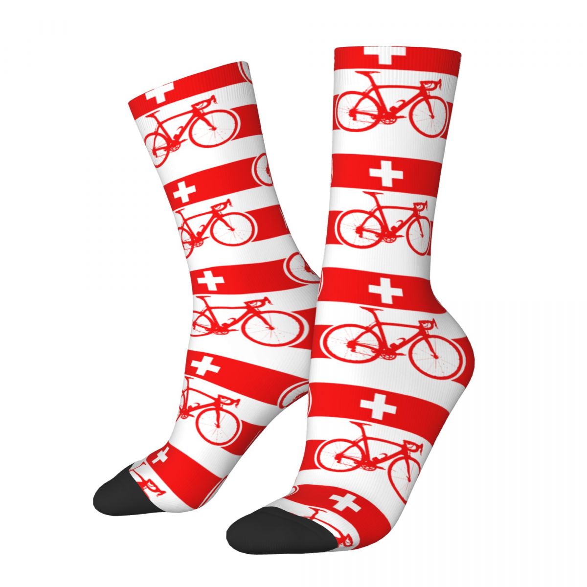 Retro Bike Stripes Switzerland Skateboard Socks Polyester Middle Tube Socks for Unisex Sweat Absorbing