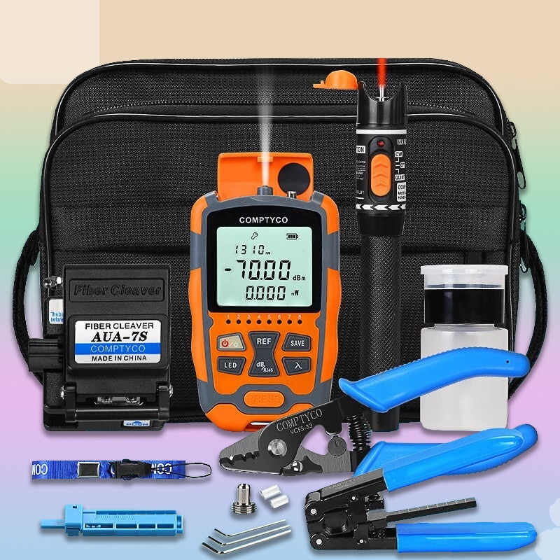 Fiber Optic Tool Kit with -70~+10dBm AUA-M50 3 in 1 Mini Optical Power Meter Fiber Cleaver FTTH VFL 10mw Visual Fault Locator