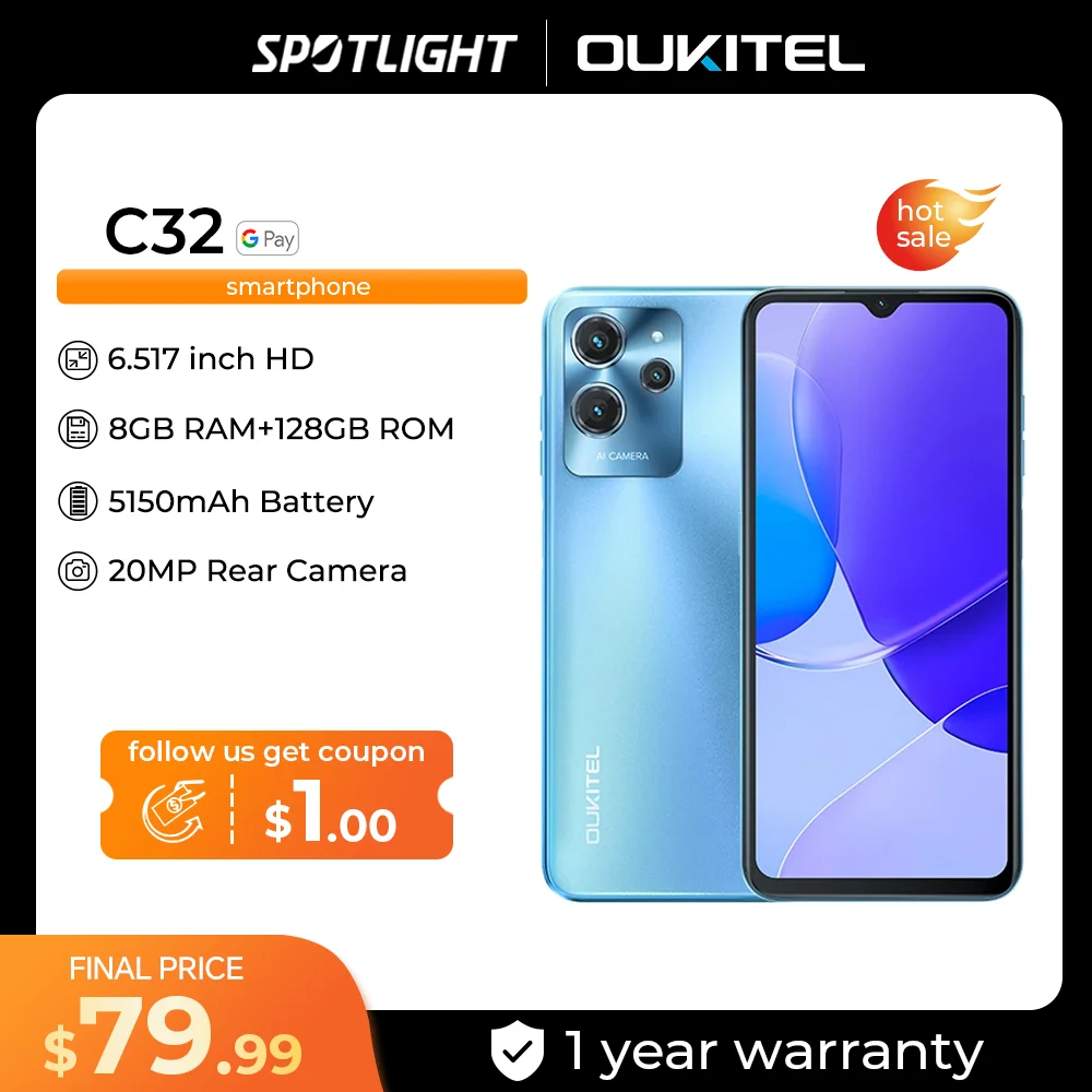 Oukitel C32 Smartphone 6.517" 8GB +128GB 5150mAh Mobile Phone 20MP Camera Cell Phone
