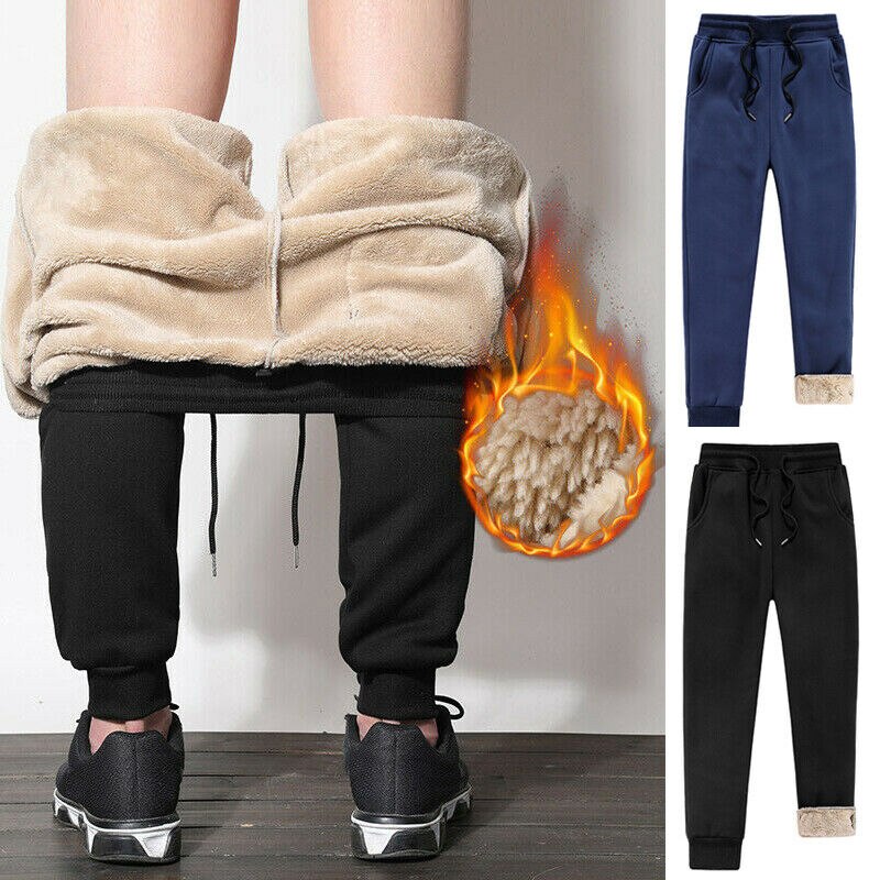 Men Winter Warm Fleece Pants Mid-Waist Keep Warm Thick Trousers Casual Thermal Sport Pocket Sweatpants Loose Plush Leggings