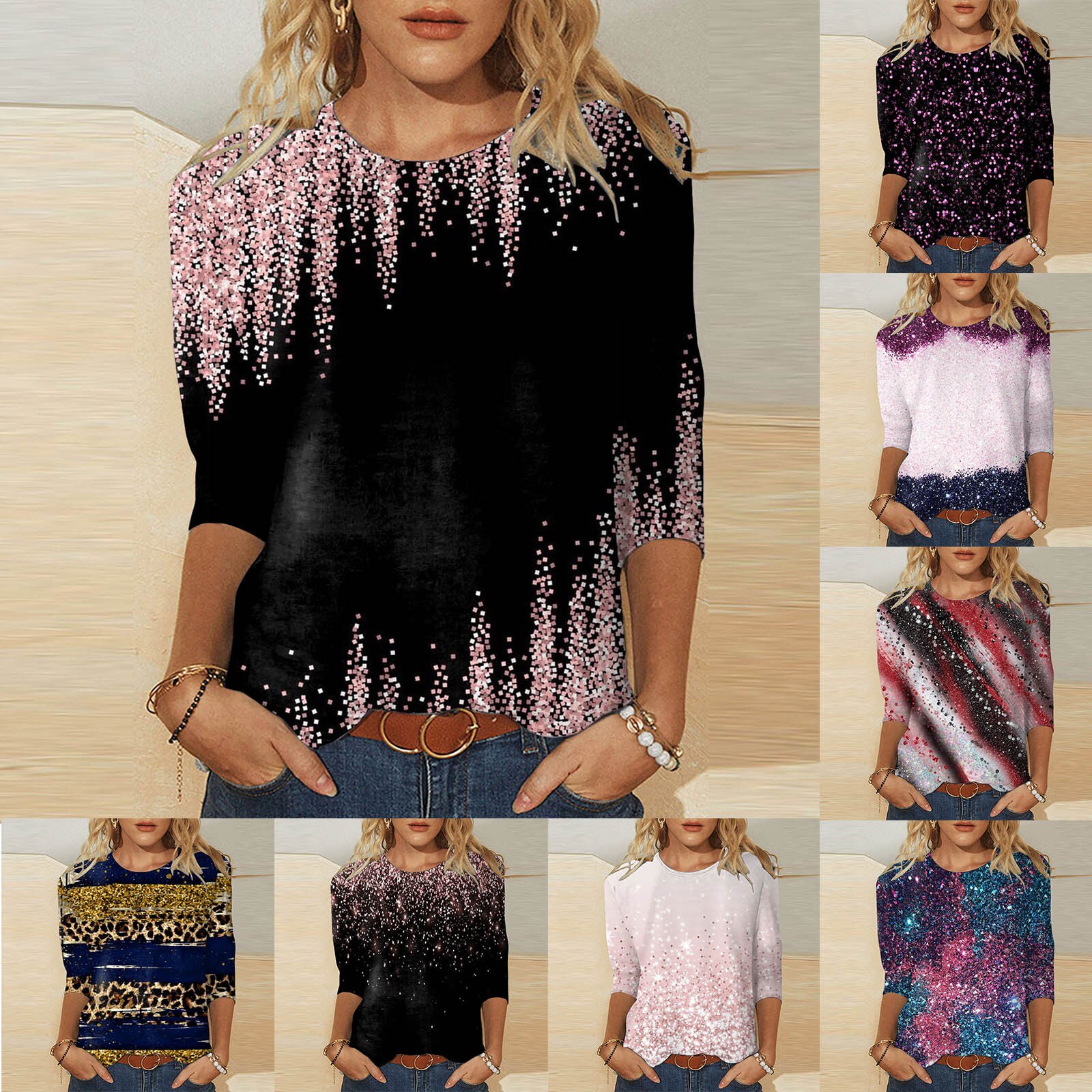 Elegant Sequin Print Tees Women Autumn O Neck Long Sleeves T-shirts Commute Female Tops Loose Casual Clothing Pullover Blusa