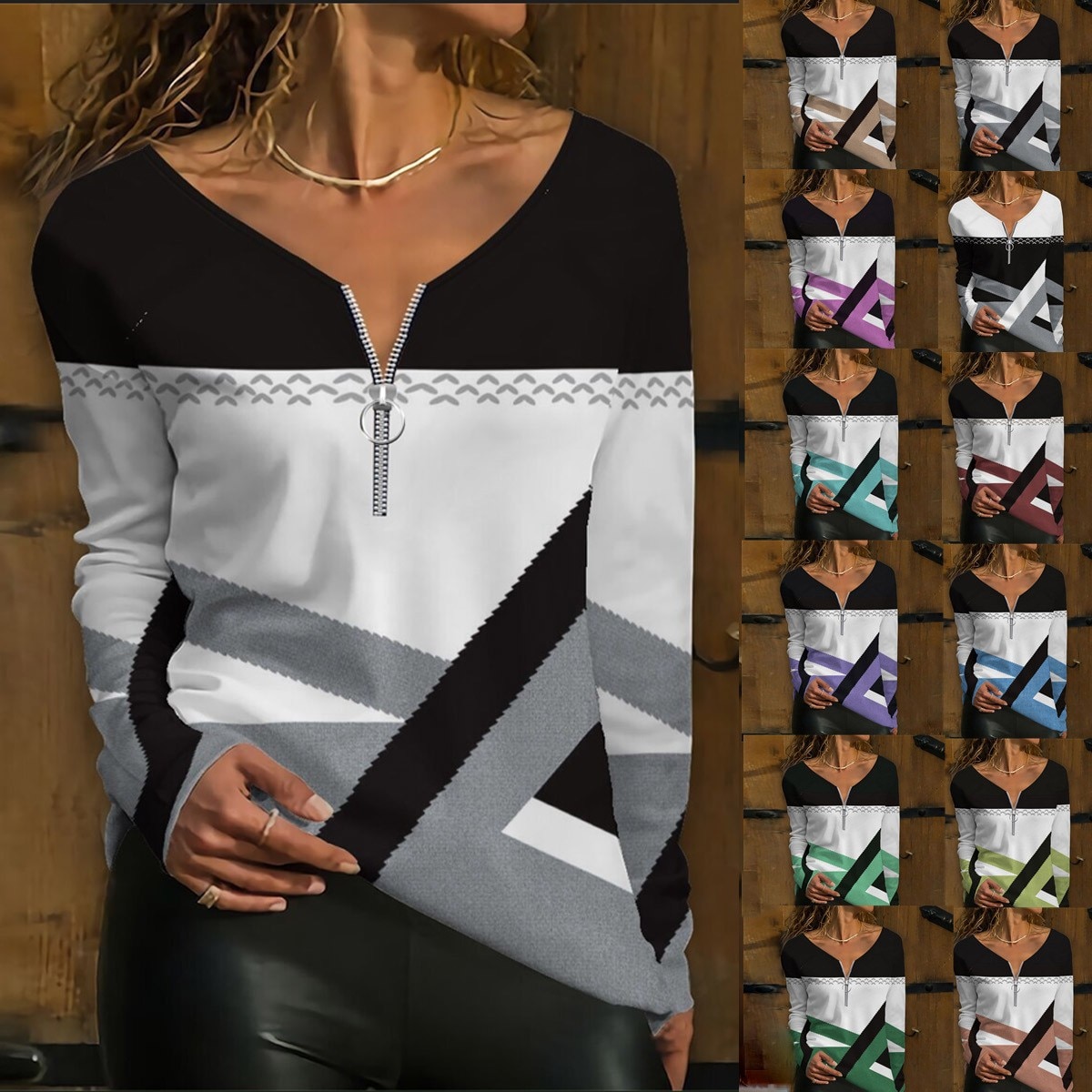 Geometric Printed Long Sleeve T Shirts for Women plus Spring Summer Ladies Top Zipper V Neck plus Size Tops for Leggings Blusa