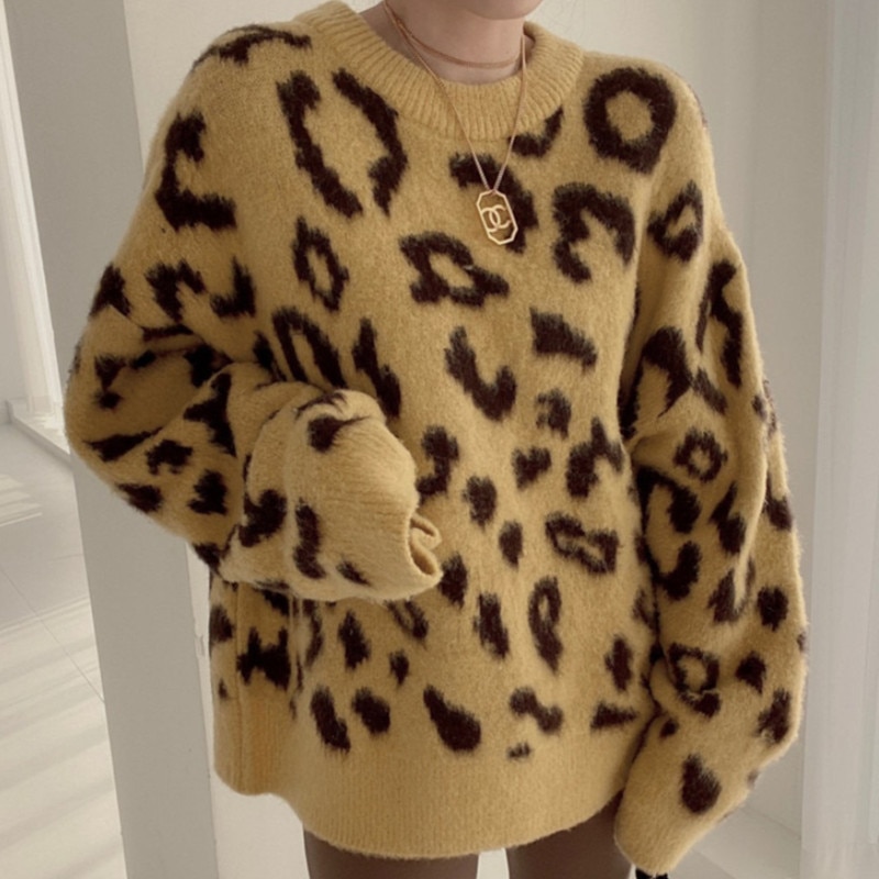 Women's Fall/winter 2022 New Korean Fashion Round Neck Pullover Loose Leopard Print Long-sleeved Sweater Bottoming Sweater 