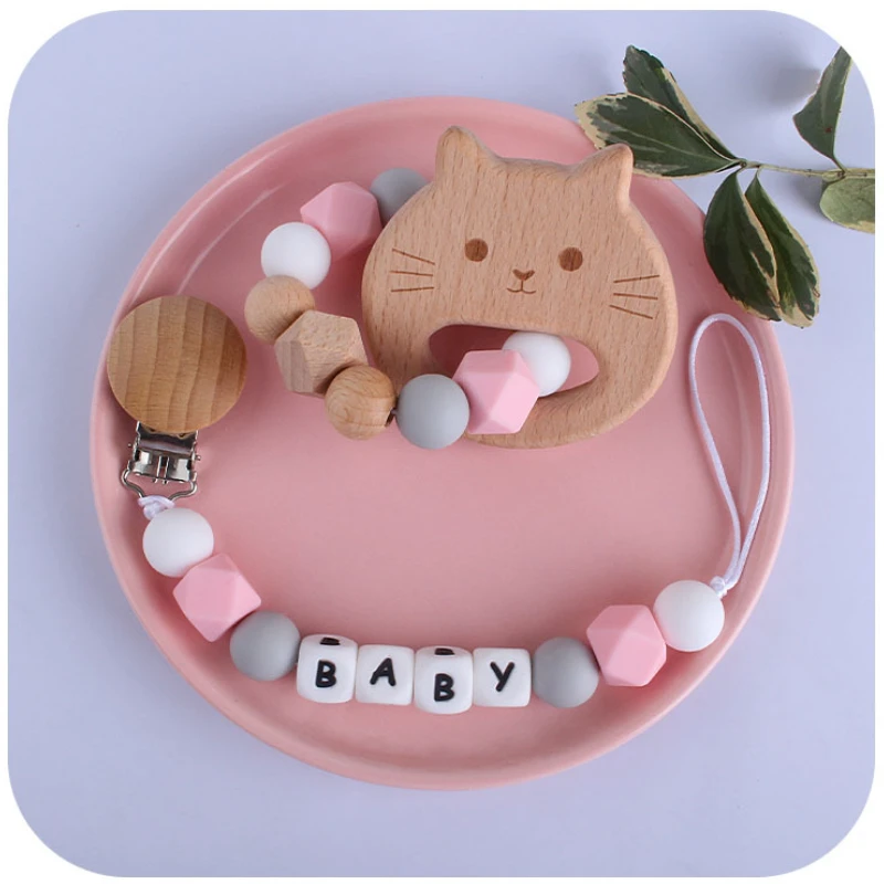 2Pcs Personalized Name DIY Baby Pacifier Clips Bracelet Teethers Cartoon Silicone Dummy Nipple Holder Clip Newborn Teething Toys