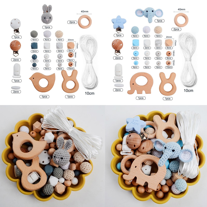 Personalized DIY Set Baby Pacifier Clips Teething Accessories Wooden Teethers Toys Beech Silicone Beads Cartoon Crochet Animal