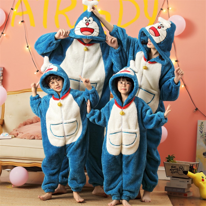 Winter Family Parent-Child Outfit Pijamas Onesie Anime Kawaii Doraemon Sleepwear Thicken Soft Warm Hoodies Jumpsuits Pyjama