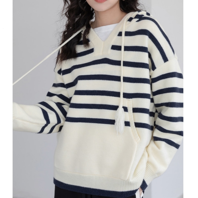 Women Apricot Sweater Fashion Vintage Leisure Lazy Wind Loose Winter Female Thicken Warm Long Sleeve Knitting Hooded Pullover