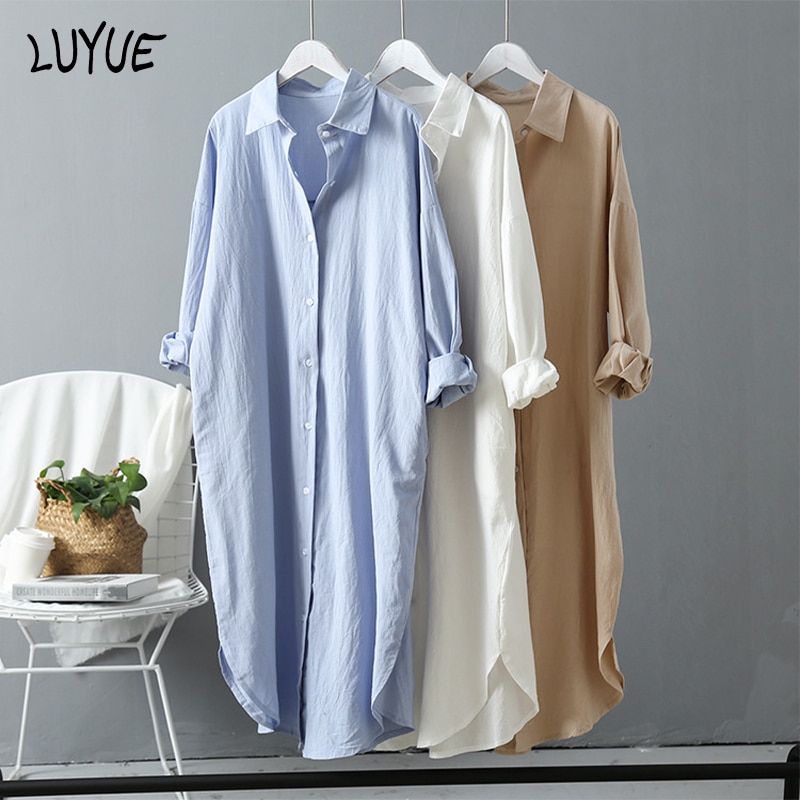 Spring Summer Solid Long White Shirt Dress Casual Loose Long Sleeve Blouses Women Cotton Linen Oversized Korean Fashion Clothing