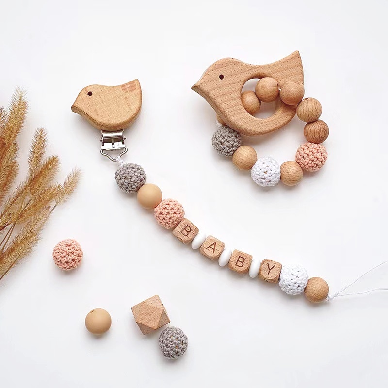 Baby Pacifier Clips INS Nordic DIY Personalized Name Wood Crochet Safe Anti-drop Holder Chain Newborn Teethers Dummy Nipple Clip