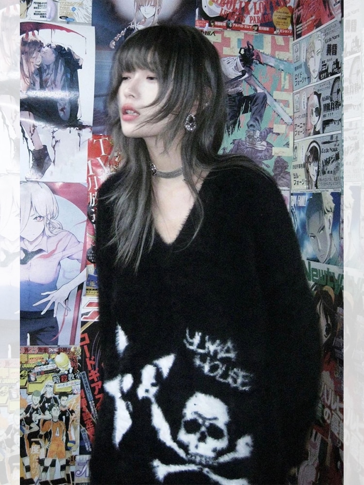 QWEEK Harajuku Gothic Skull Black Sweater Women Y2K Streetwear Punk Emo Pullover Jumper Oversize V Neck Baddie Top Striped Scarf