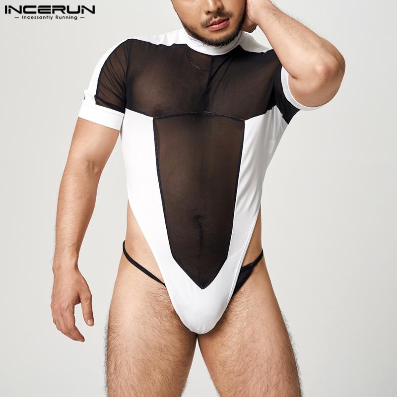 INCERUN Men Bodysuit T Shirt Turtleneck Mesh Patchwork Transparent Short Sleeve Undershirt Tops Men 2023 Sexy Bodysuits S-5XL