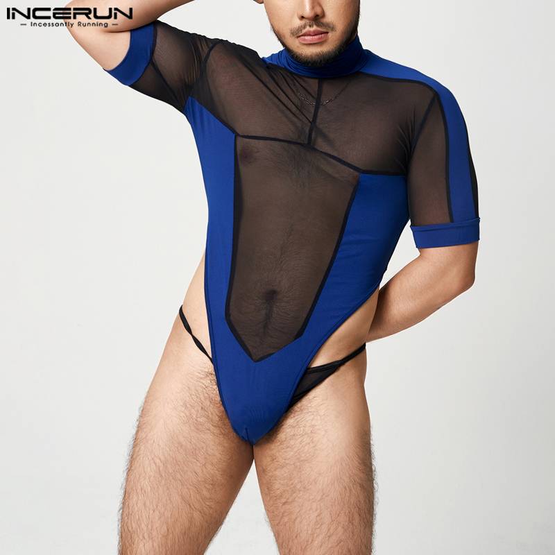 INCERUN Men Bodysuit T Shirt Mesh Patchwork Turtleneck Short Sleeve Undershirt Tops Men 2023 See Through Sexy Bodysuits S-5XL