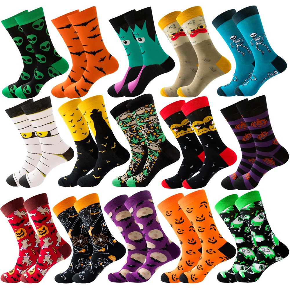 Unisex Fun Print Socks Personality Cartoon Skull Pumpkin Head Vampire Bat Mummy Alien Socks Halloween Decoration Cosplay Party