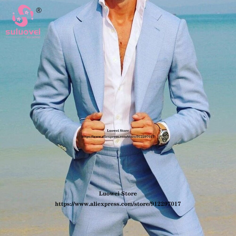 Fashion Beach Wedding Groom Suits For Men Slim Fit 2 Piece Jacket And Pants Set Male Business Blazer Costume Homme Formal Tuxedo