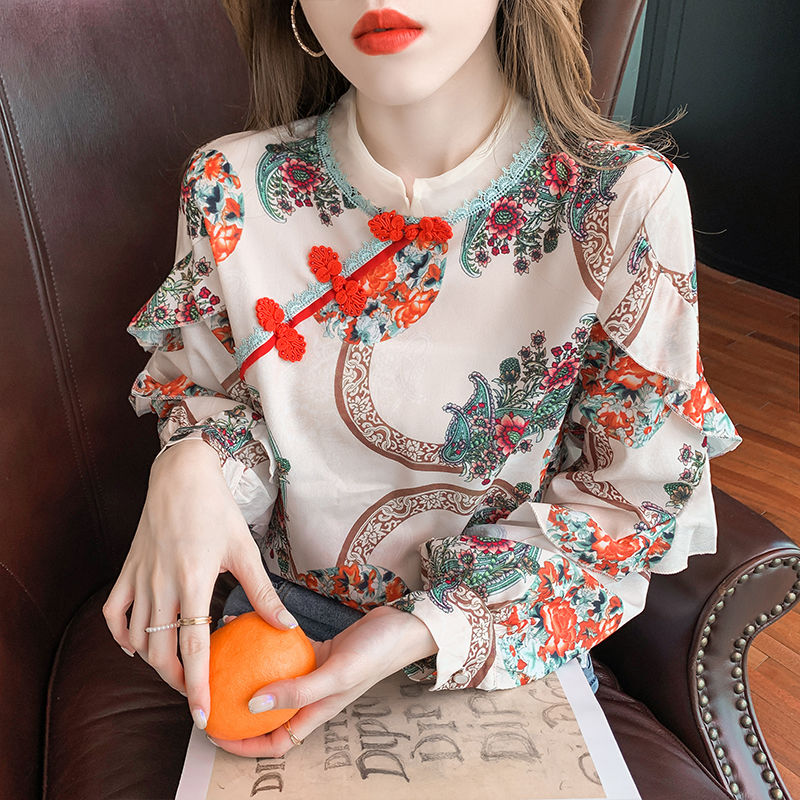 Vintage Floral Long Sleeve Chic Button Blouses 2022 New Ruffles Korean Fashion Women's Clothing Tops T-Shirt Grace Casual S