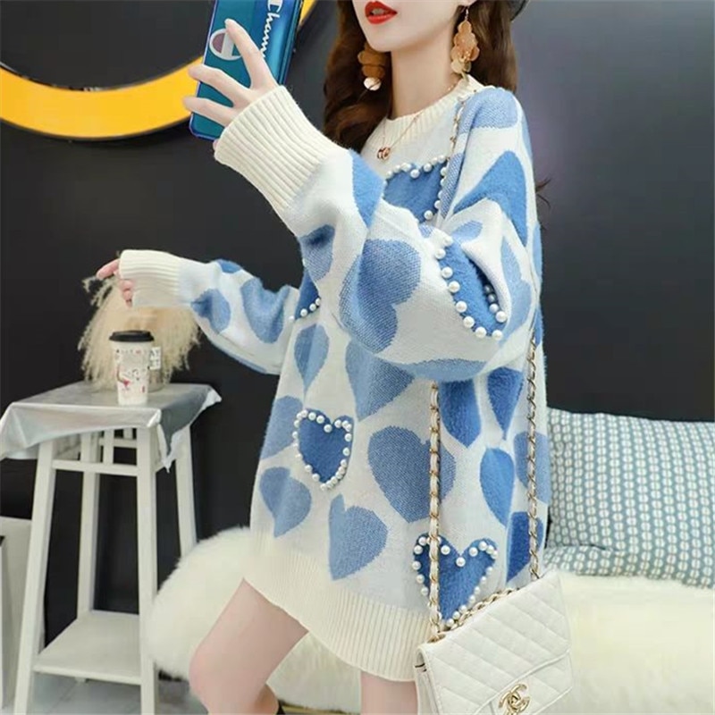 Covering Yarn Pink Blue Love Print Beading Knitted Sweater Women Student Pullover Fashion O Neck Long Sleeve Knit Tops Female