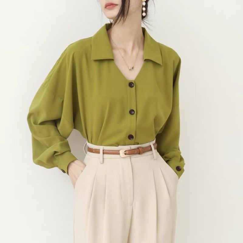 Deeptown Green Chiffon Women Blouses Elegant Ladies Chic Lantern Sleeve Shirts V-neck Female Office Wear Loose Korean Fashion