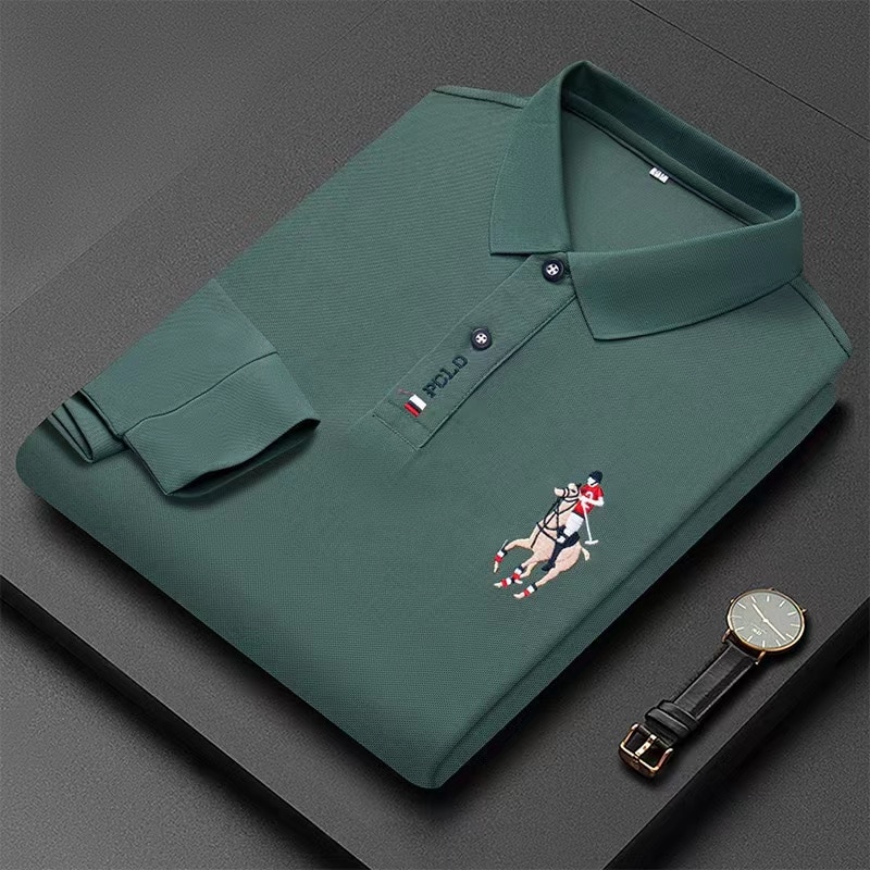 POLO shirt 100% cotton embroidery men's long sleeved POLO shirt solid color lapel business casual men's long sleeved P