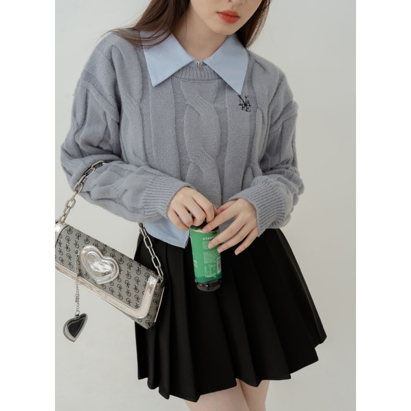 Women's Clothes Grey Sweater Short Embroidery Round Neck Fashion Vintage Lazy Wind Winter Female Long Sleeve Knitting Pullo