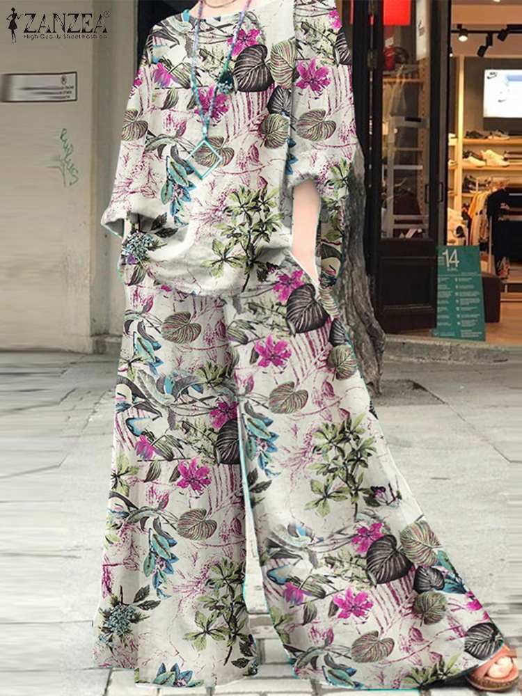 Fashion Wide Leg Pants Sets Oversized Long Sleeve Blouse Tops ZANZEA Spring Floral Printed Tracksuits Women Retro Matching Sets