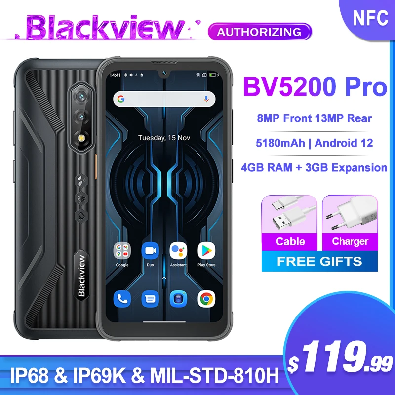 Blackview BV5200 Pro Rugged Phone Android 12 4GB 64GB Octa Core Mobile Phone 13MP Camare ArcSoft 5180mAh 6.1 Inch NFC Cellphone