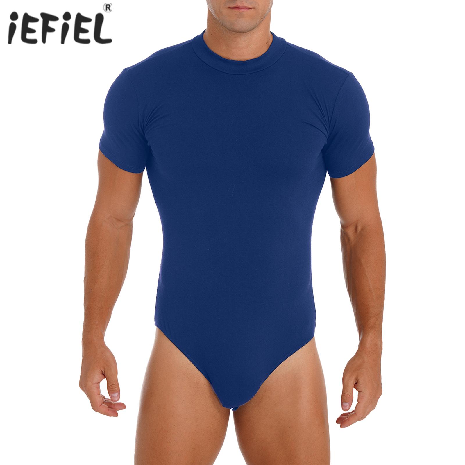 Mens Short Sleeve Leotard Undershirt Rompers Pajama Skinny Jumpsuit Bodysuit Shirt Crew Neck Press Button Crotch Casual Bodysuit