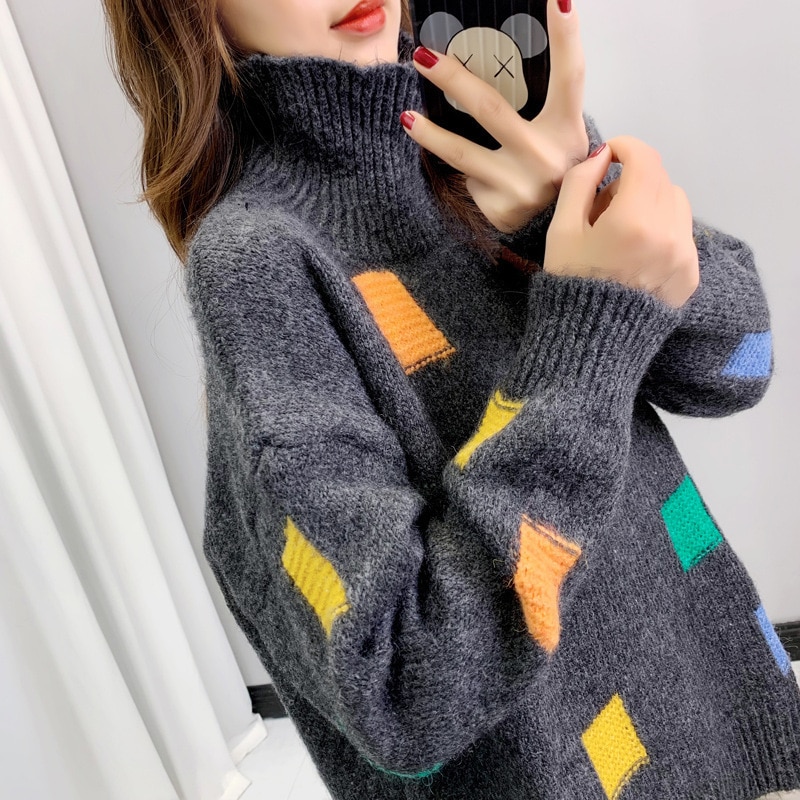 High Neck Pullover Sweater Women's Outwear Fall Winter Relaxed Slouchy Wind Color Contrast Small Square Knit Backing Top