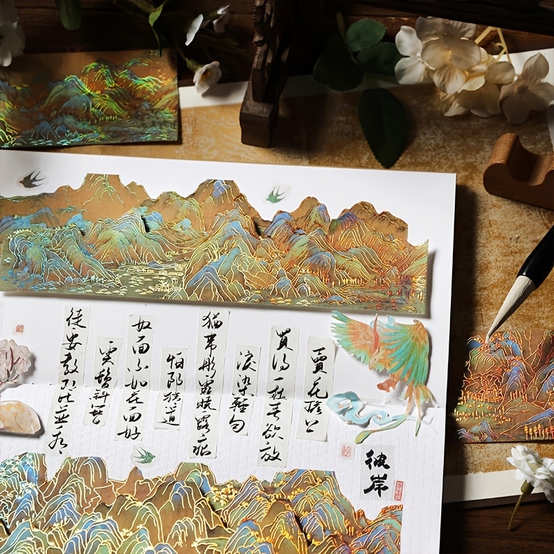3 Sheets Vintage Scenery Washi Paper Traditional Chinese Painting Decorative Stickers for Scrapbook Journaling