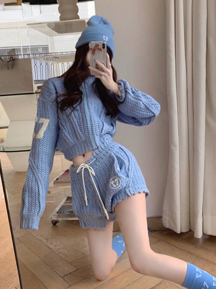 Y2k Two Pieces Sets Women Blue Knitted Cropped Cardigan +High Waist Shorts Korean Streetwear 2023 Spring Autumn Outfits