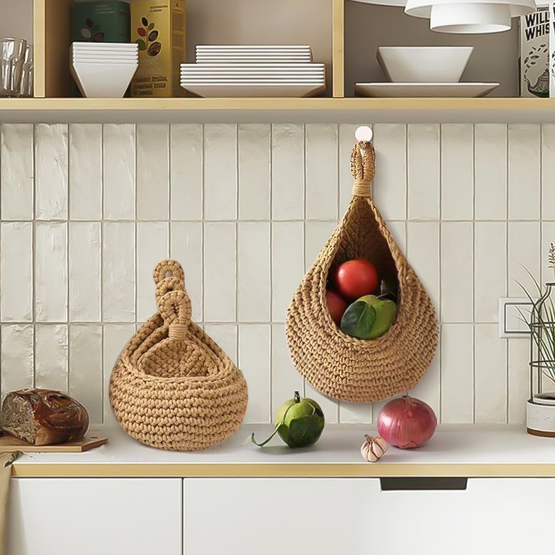 Storage basket Kitchen vegetable basket Hand crochet Wall hanging fruit vegetable and flower basket