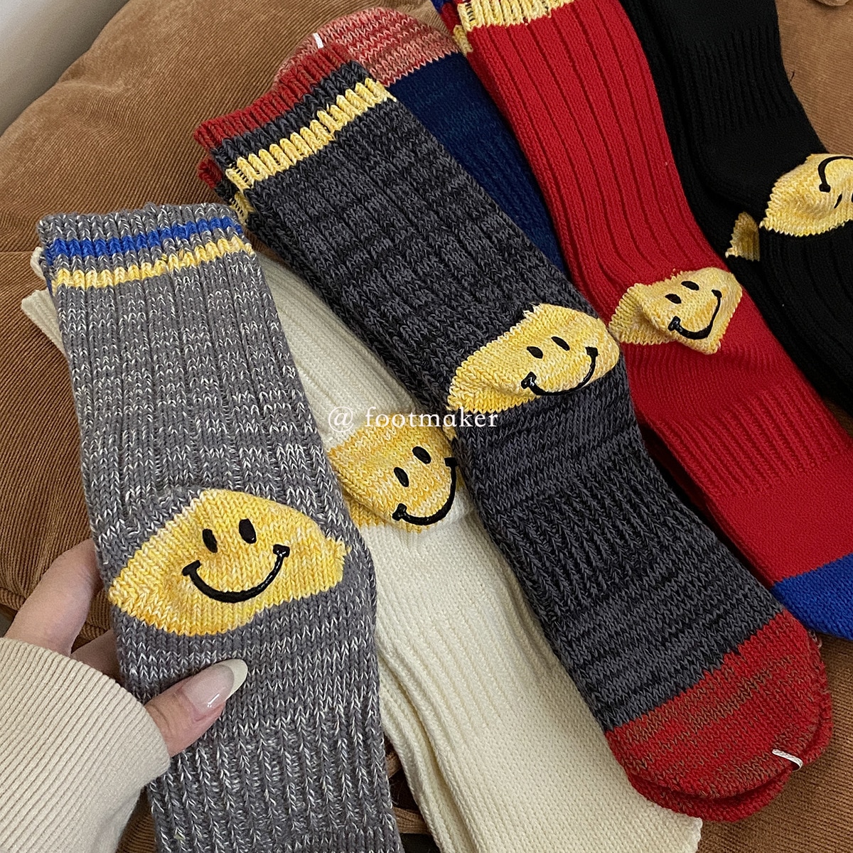 Women Smiley Thick Knitted Socks Korean Home Warm Cotton Sock Cute Socks Heel Smiley Woolen Thick Thread Needles Mid-tube Socks