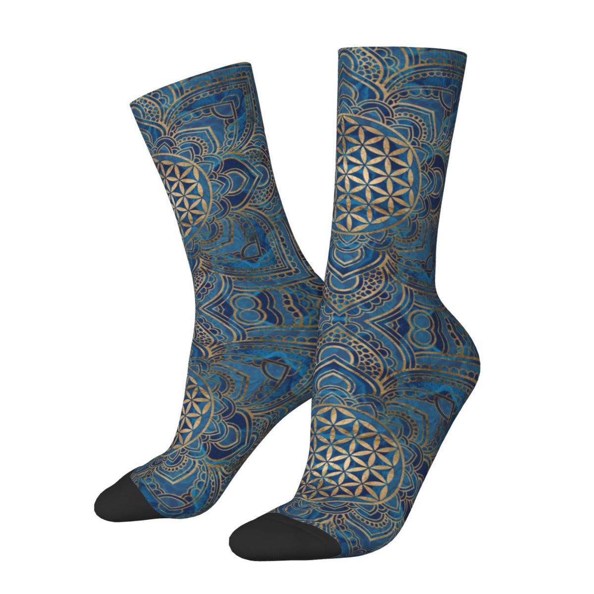 Autumn Winter Harajuku Unisex Flower Of Life In Lotus Blue Marble And Gold Mandala Socks Breathable Middle Tube Socks